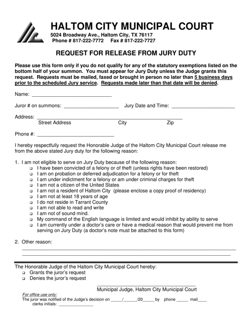 Request for Release From Jury Duty - Haltom City, Texas Download Pdf