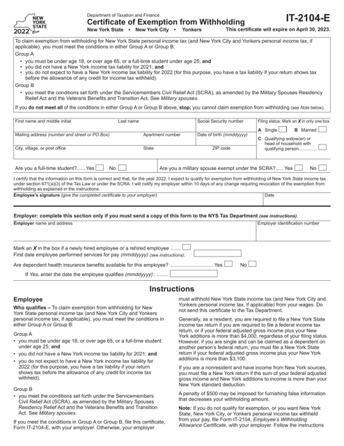 Form IT-2104-E 2022 Printable Pdf
