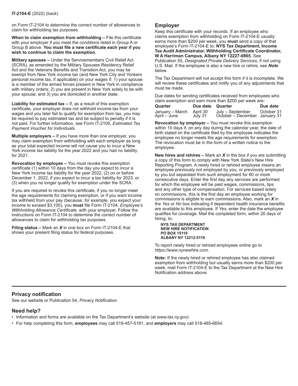 Form IT-2104-E Certificate of Exemption From Withholding - New York, Page 2