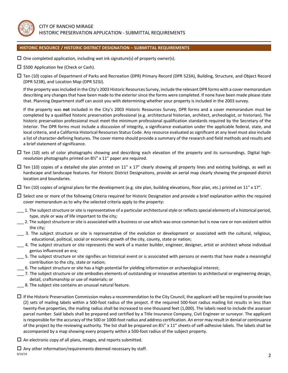 Historic Preservation Application - City of Rancho Mirage, California, Page 3