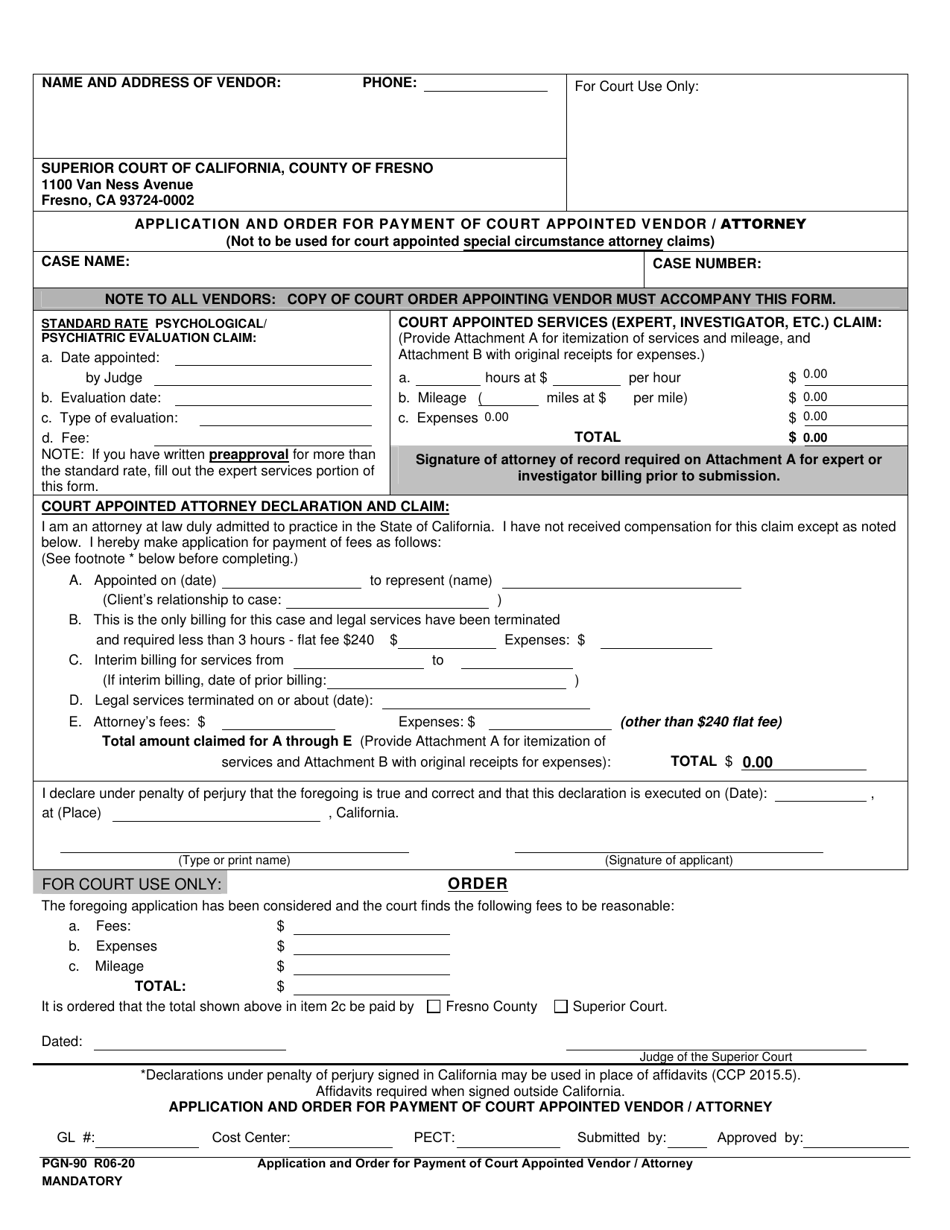 Form PGN-90 Application and Order for Payment of Court Appointed Vendor / Attorney - County of Fresno, California, Page 1