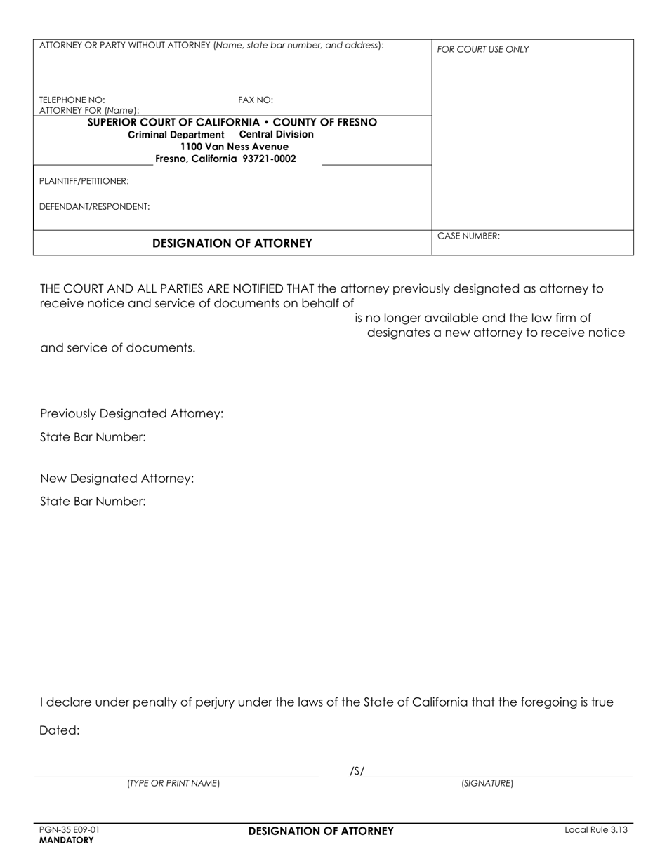 Form PGN-35 Designation of Attorney - County of Fresno, California, Page 1