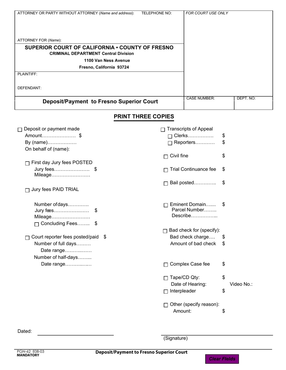 Form PGN-62 Deposit / Payment to Fresno Superior Court - County of Fresno, California, Page 1