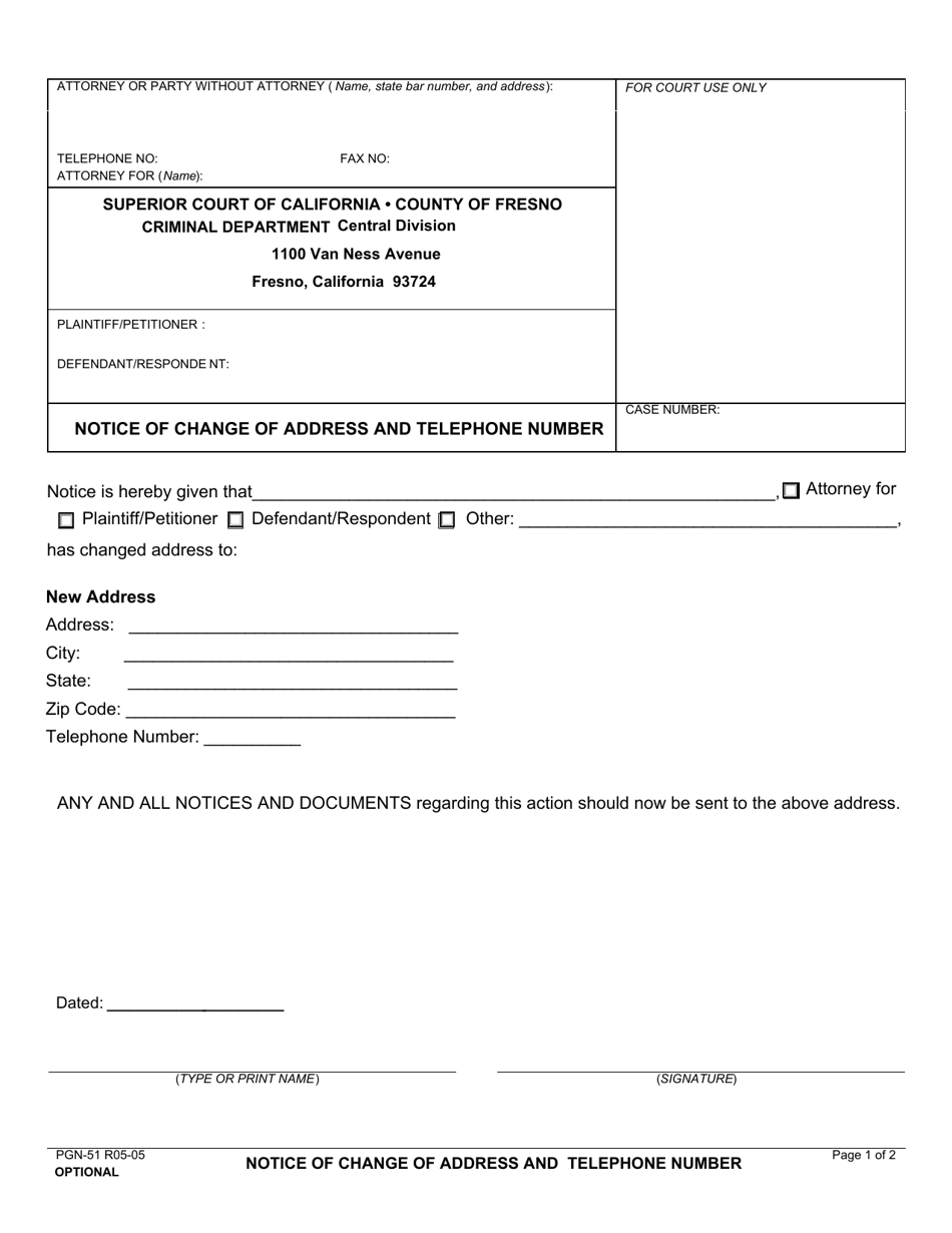 Form PGN-51 Notice of Change of Address and Telephone Number - County of Fresno, California, Page 1