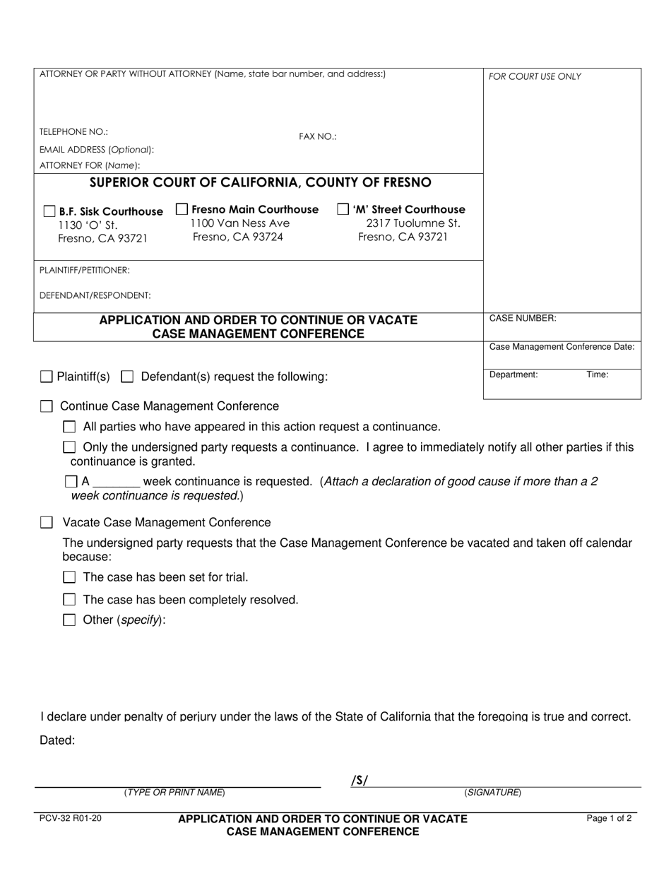 Form PCV-32 Application and Order to Continue or Vacate Case Management Conference - County of Fresno, California, Page 1