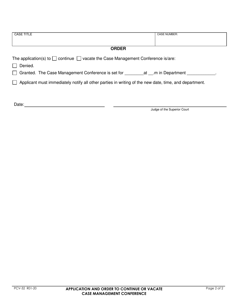 Form PCV-32 Application and Order to Continue or Vacate Case Management Conference - County of Fresno, California, Page 2