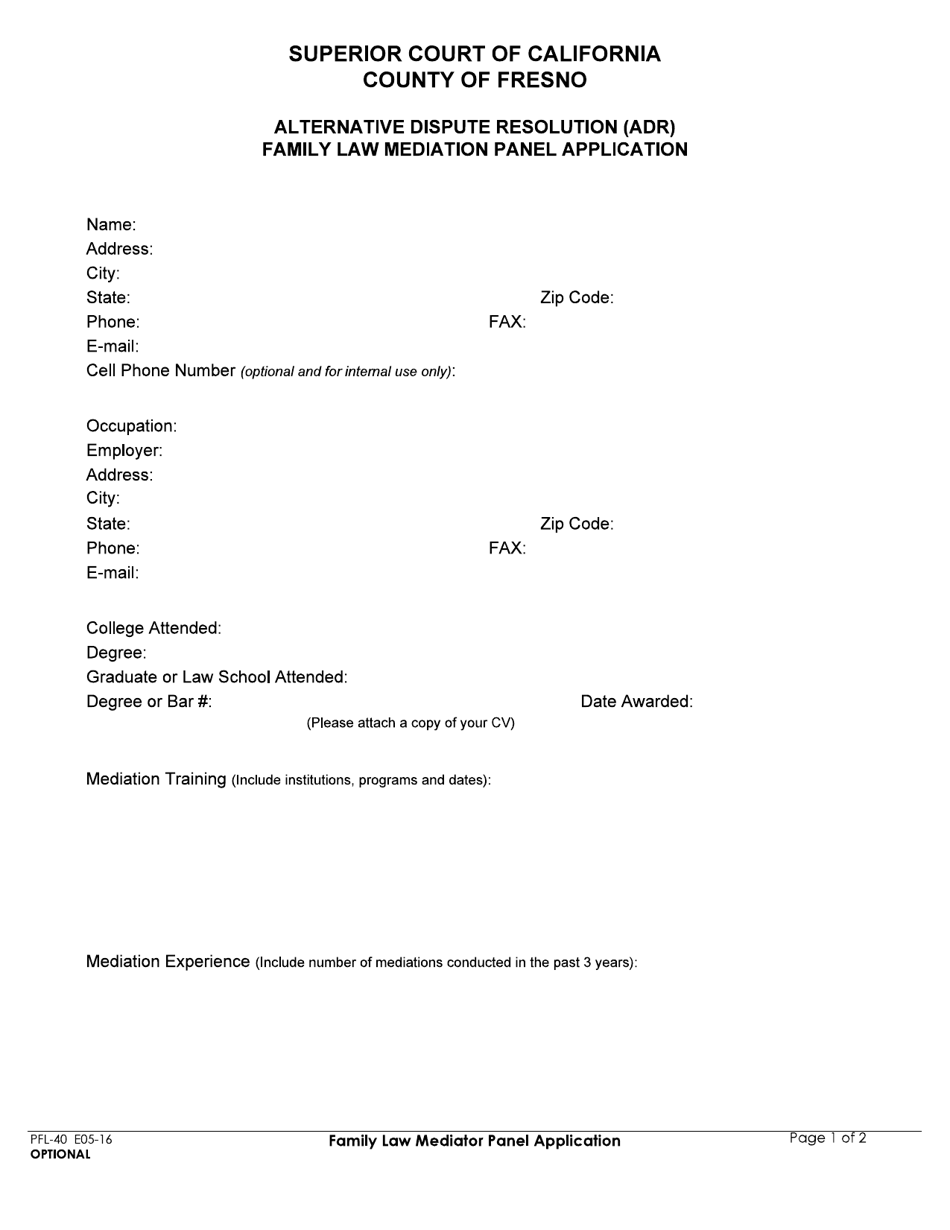 Form PFL-40 Alternative Dispute Resolution (Adr) Family Law Mediation Panel Application - County of Fresno, California, Page 1