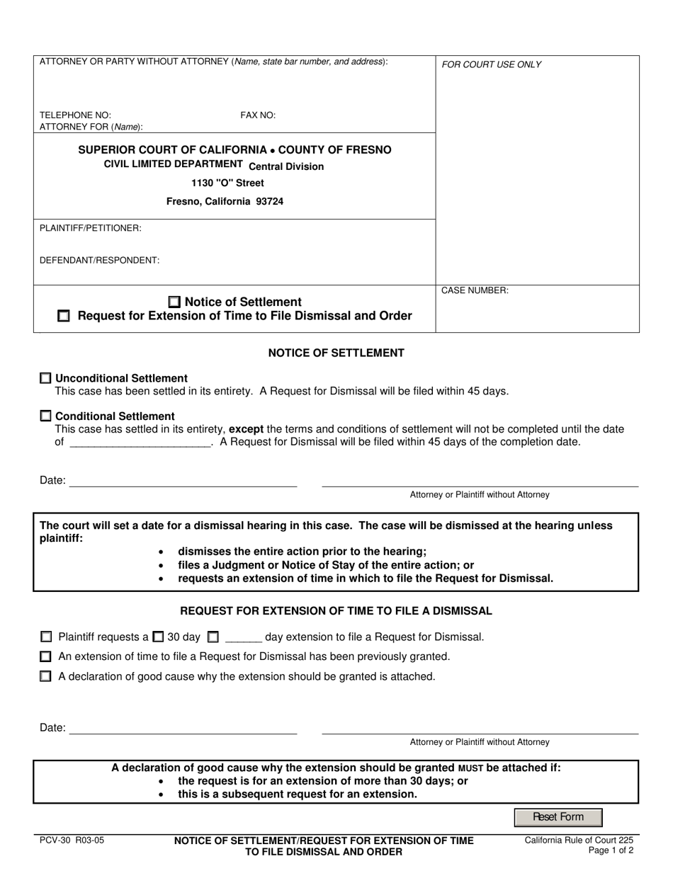 Form PCV-30 Notice of Settlement / Request for Extension of Time to File Dismissal and Order - County of Fresno, California, Page 1