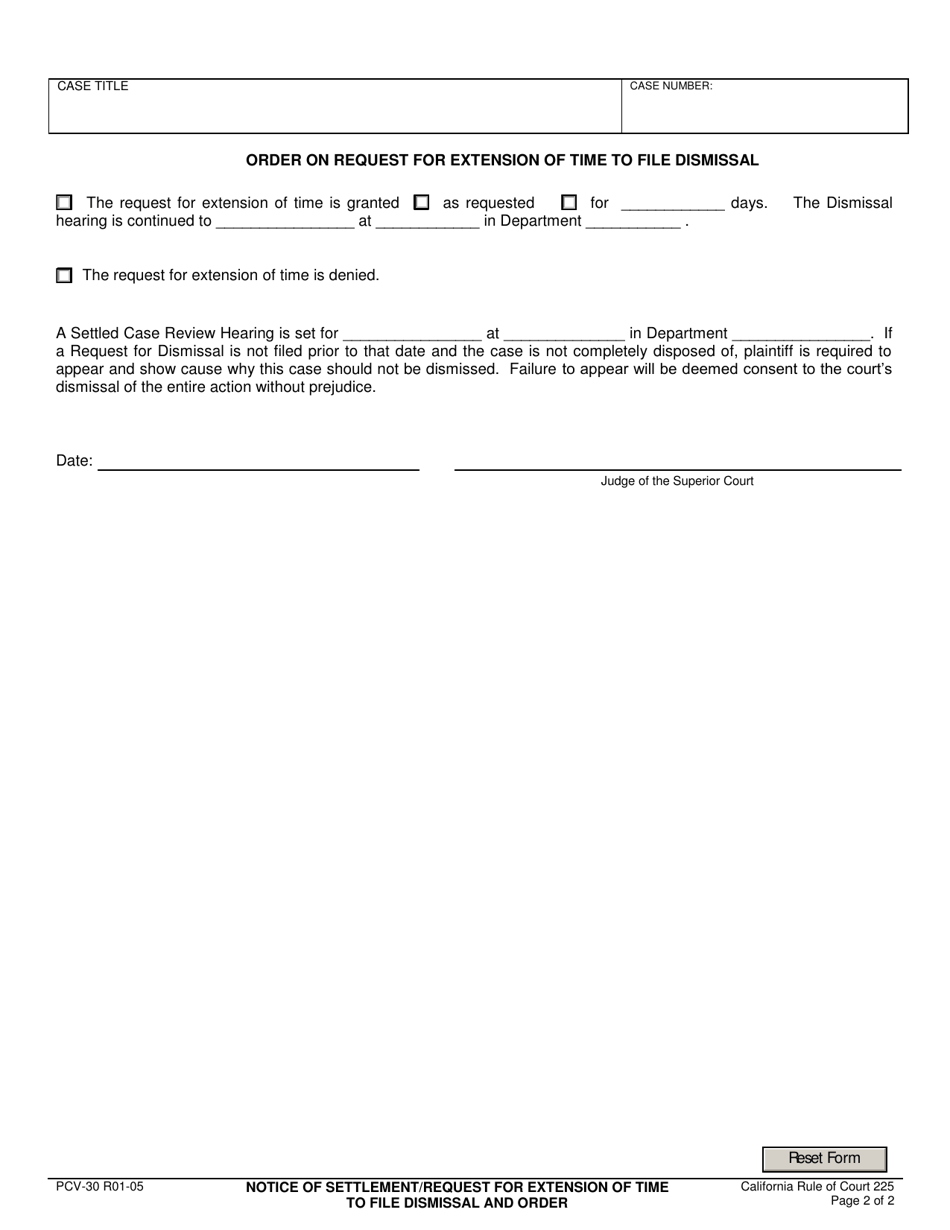 Form PCV-30 Notice of Settlement / Request for Extension of Time to File Dismissal and Order - County of Fresno, California, Page 2