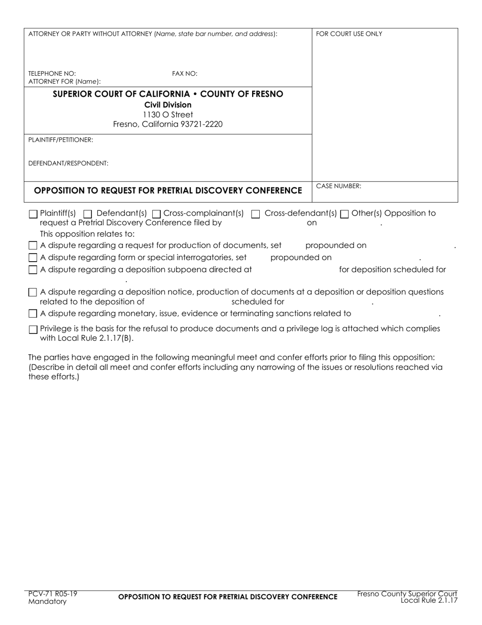 Form PCV-71 Opposition to Request for Pretrial Discovery Conference - County of Fresno, California, Page 1