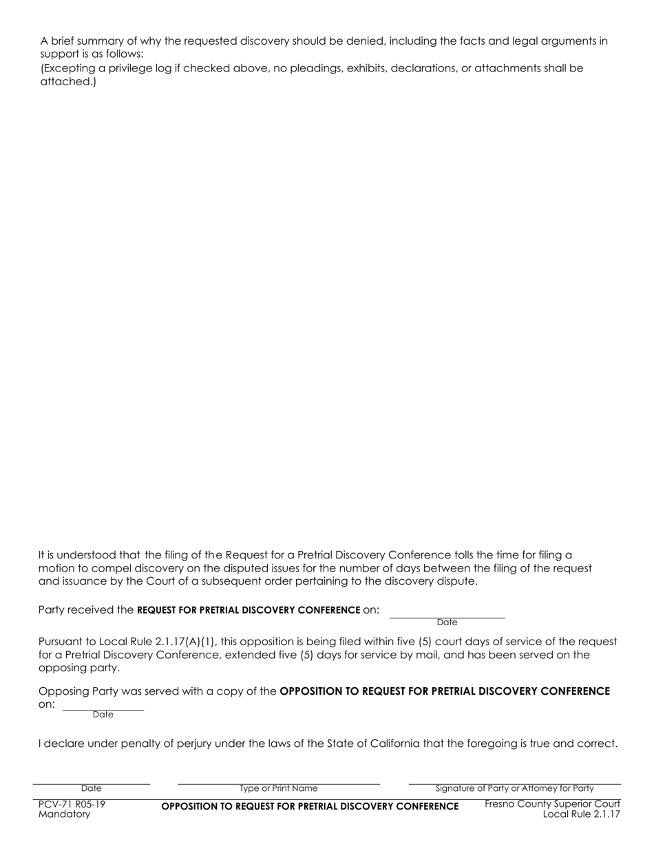 Form PCV-71 Opposition to Request for Pretrial Discovery Conference - County of Fresno, California, Page 2