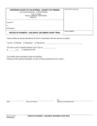 Form PCV-75 &quot;Notice of Exhibits - Unlawful Detainer Court Trial&quot; - County of Fresno, California