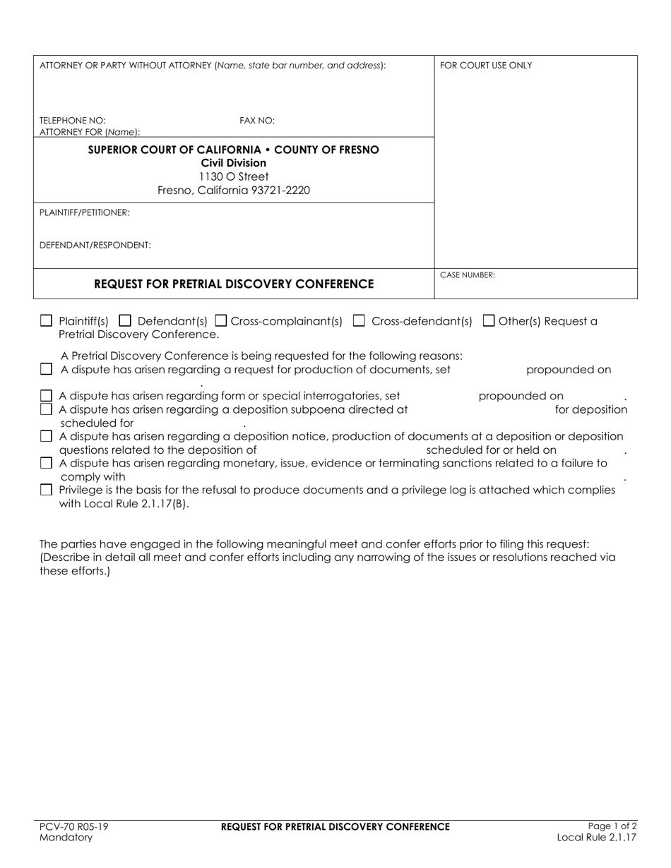 Form PCV-70 Request for Pretrial Discovery Conference - County of Fresno, California, Page 1
