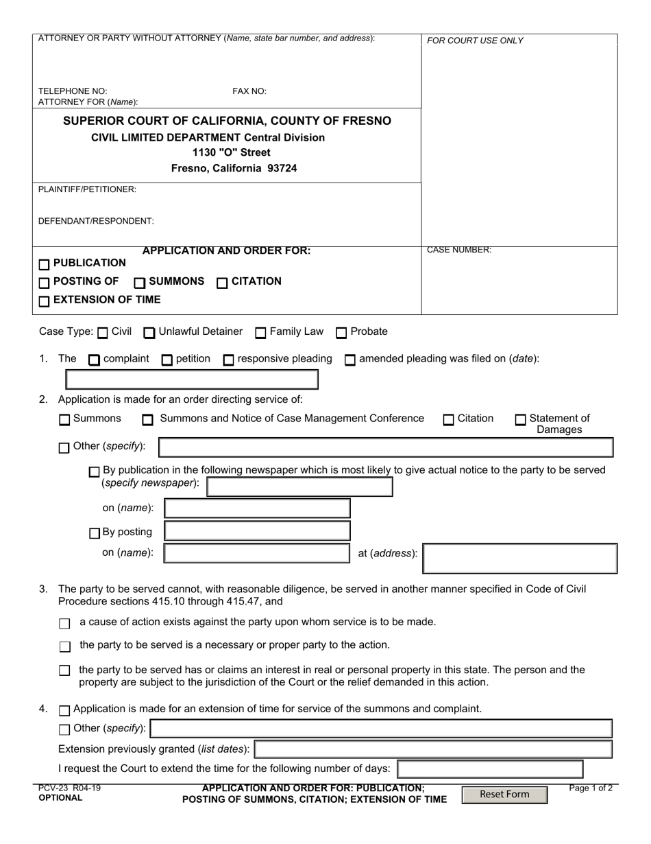 Form PCV-23 Application and Order for Publication or Posting and / or for Order for Extension of Time - County of Fresno, California, Page 1