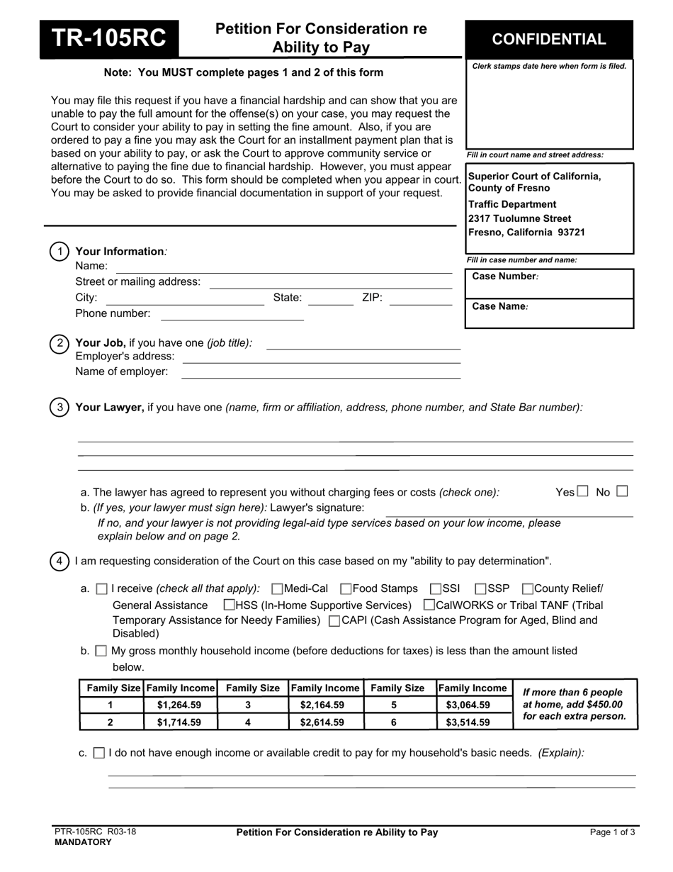 Form TR-105RC Petition for Consideration Re Ability to Pay - County of Fresno, California, Page 1