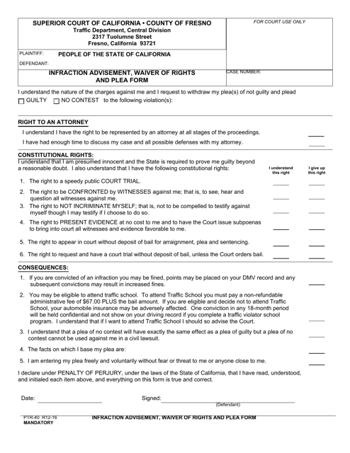 Form PTR-40 Infraction Advisement, Waiver of Rights and Plea Form - County of Fresno, California