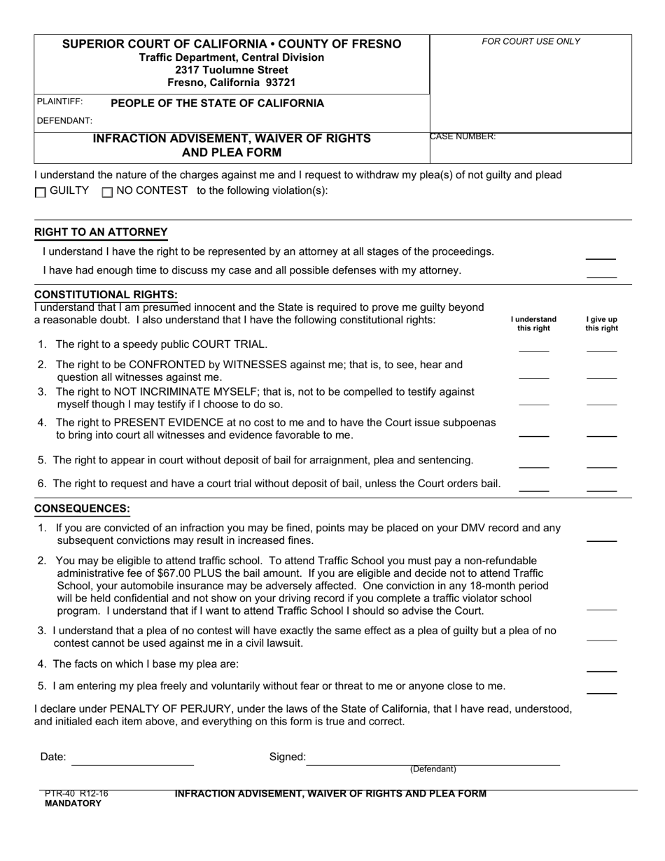 Form PTR-40 Infraction Advisement, Waiver of Rights and Plea Form - County of Fresno, California, Page 1