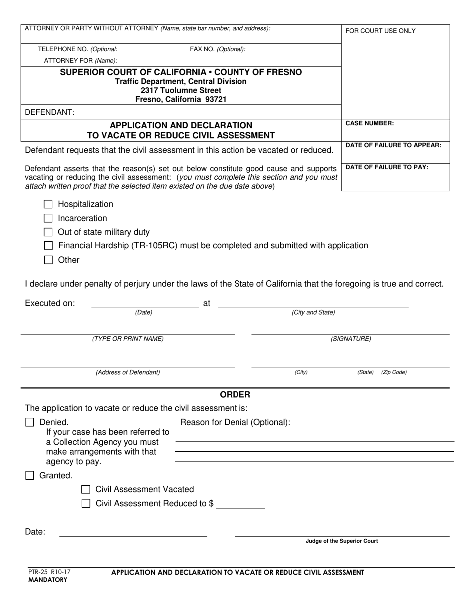 Form PCV-25 Application and Declaration to Vacate or Reduce Civil Assessment - County of Fresno, California, Page 1