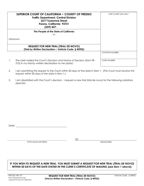 Form PTR-220 Request for New Trial (Trial De Novo) - County of Fresno, California