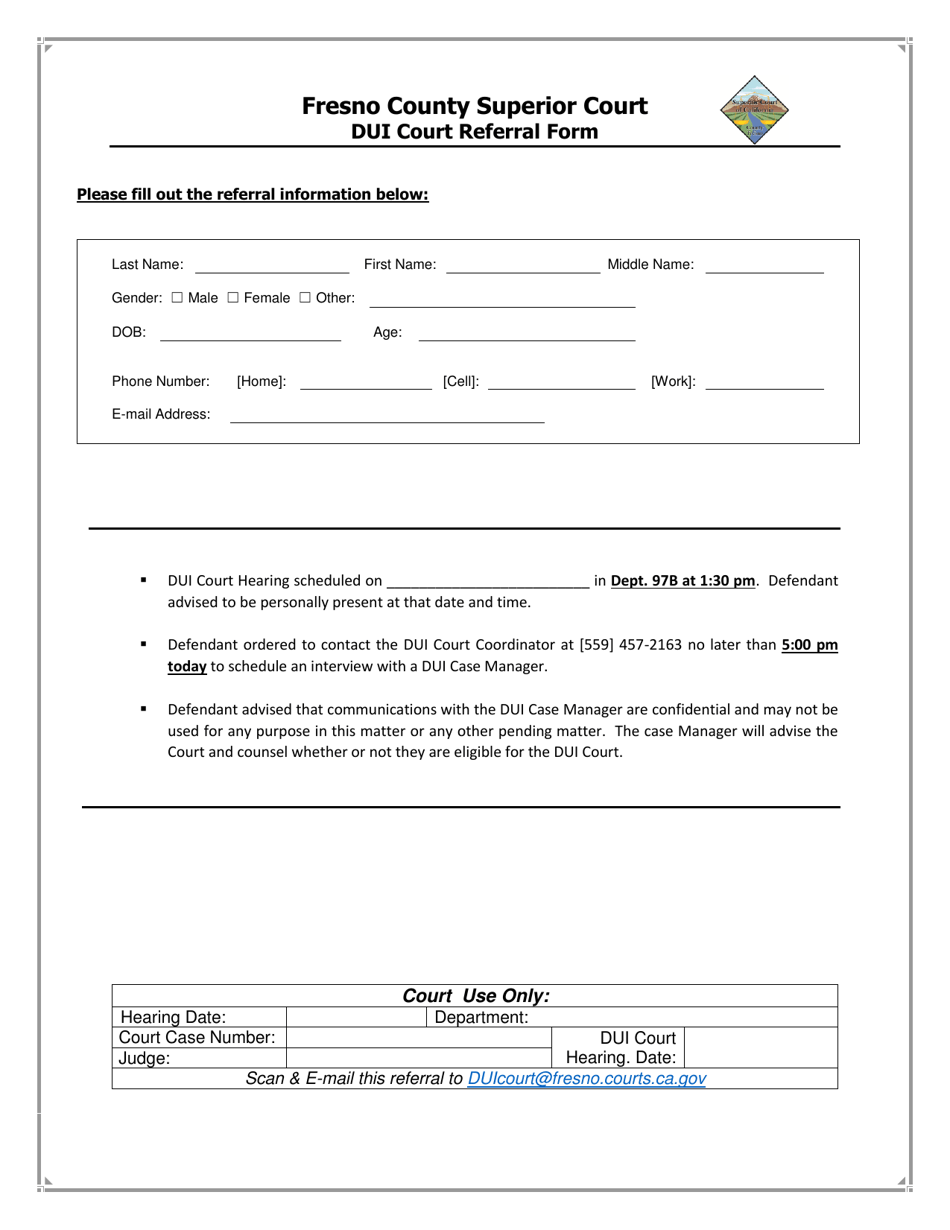 Dui Court Referral Form - County of Fresno, California, Page 1
