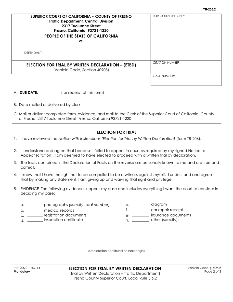 Form PTR-206 (PTR-205.2) Notice of Election for Trial by Written Declaration (Etbd) and Instructions Todefendant - County of Fresno, California, Page 2