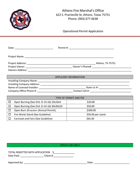 Operational Permit Application - City of Athens, Texas Download Pdf