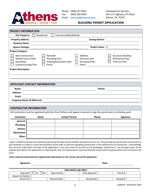 Document preview: Building Permit Application - City of Athens, Texas