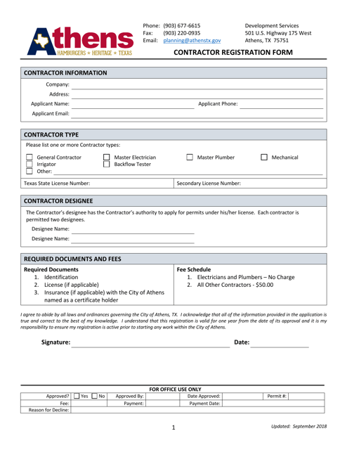 Contractor Registration Form - City of Athens, Texas Download Pdf