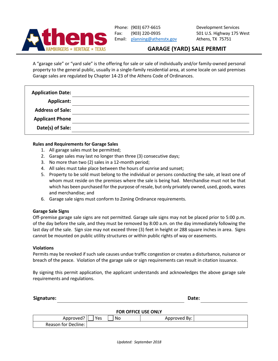 City of Athens, Texas Garage (Yard) Sale Permit Fill Out, Sign Online and Download PDF