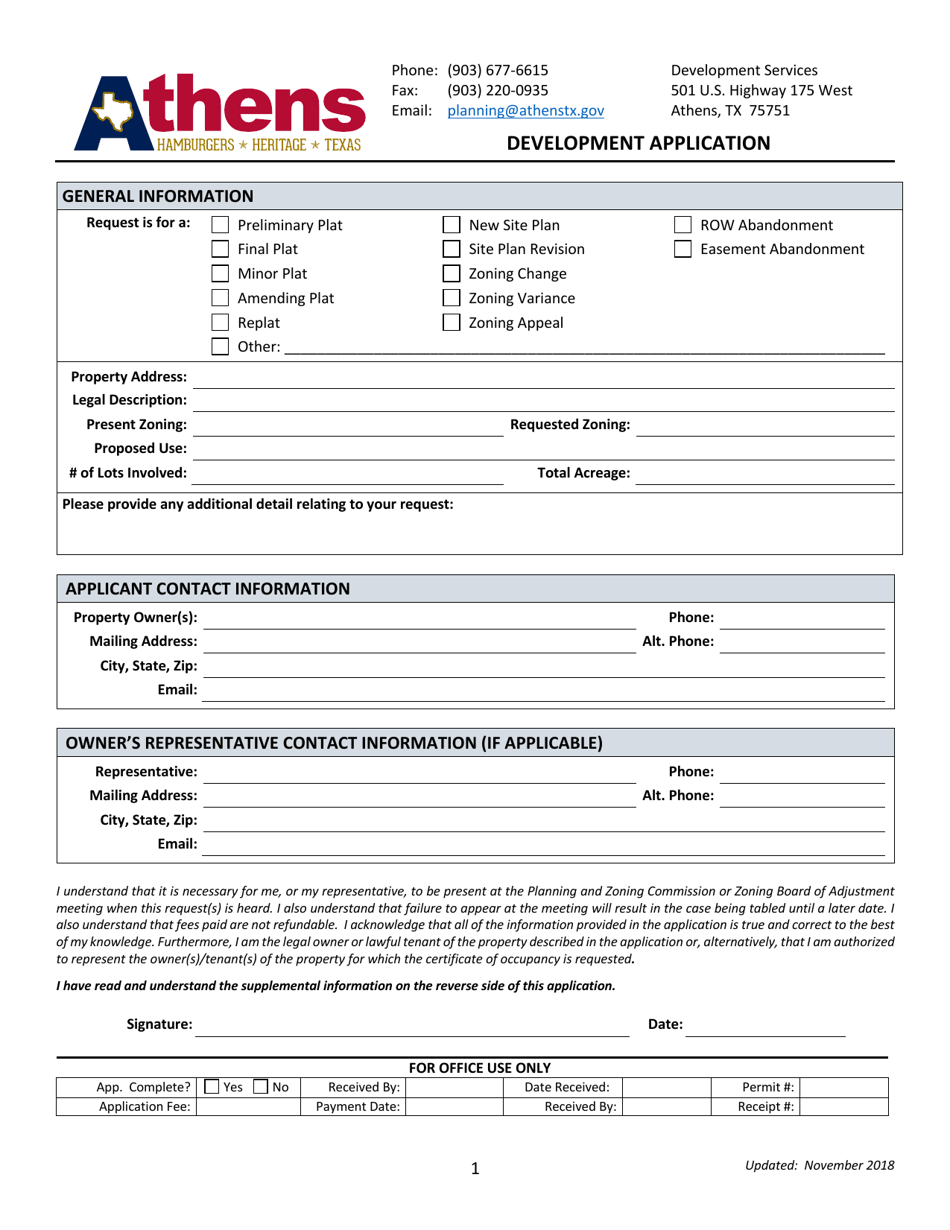 Development Application - City of Athens, Texas, Page 1