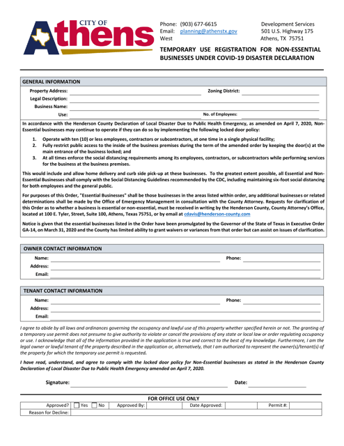 Temporary Use Registration for Non-essential Businesses Under Covid-19 Disaster Declaration - City of Athens, Texas Download Pdf