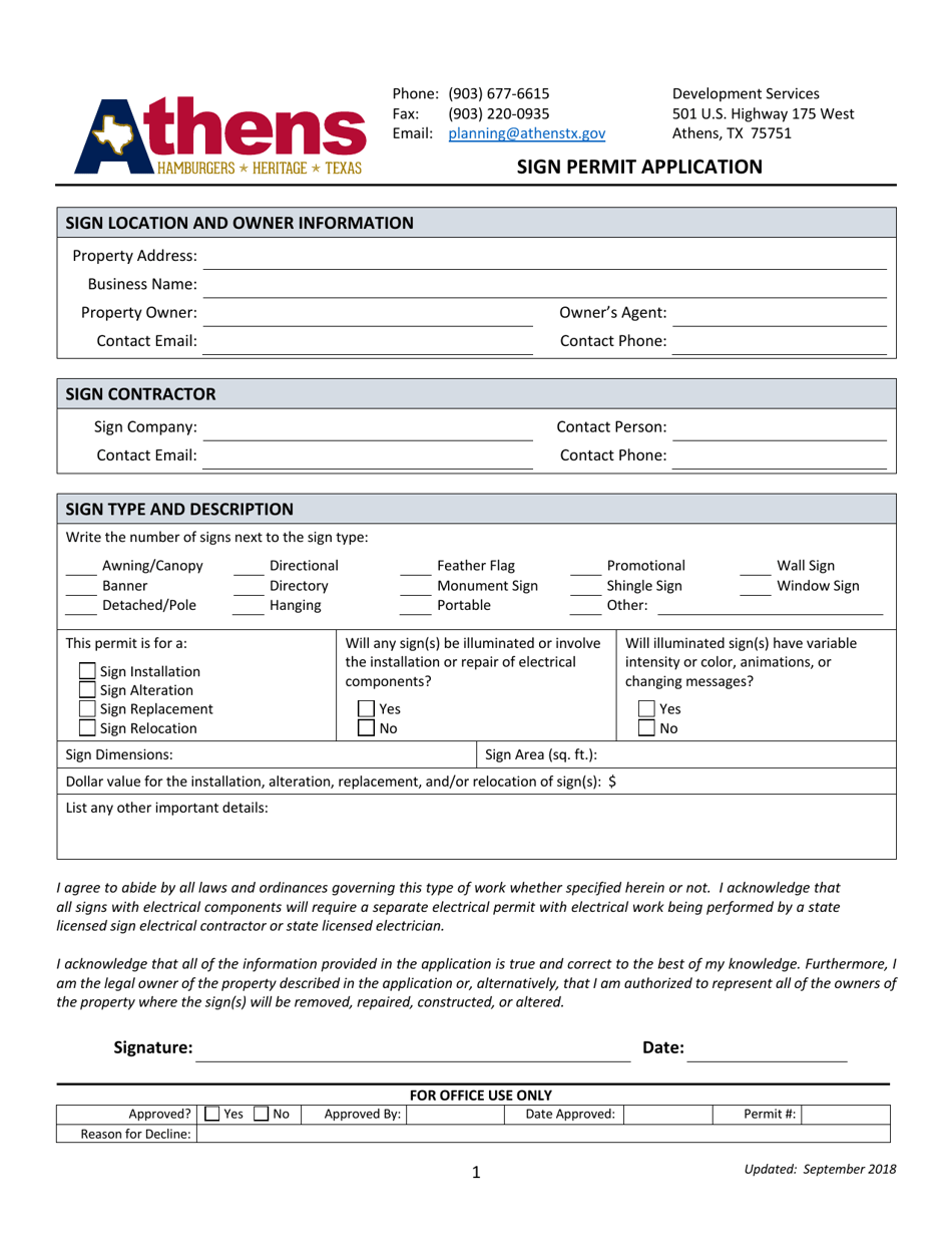 Sign Permit Application - City of Athens, Texas, Page 1