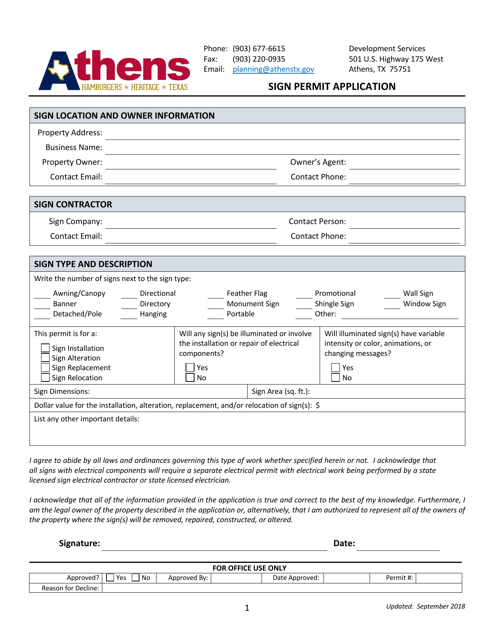 Sign Permit Application - City of Athens, Texas Download Pdf
