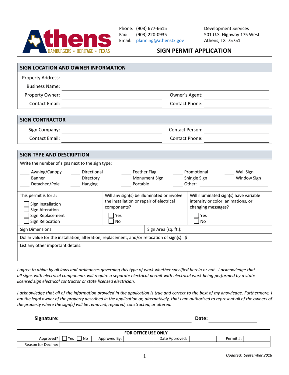 City of Athens, Texas Sign Permit Application Download Fillable PDF