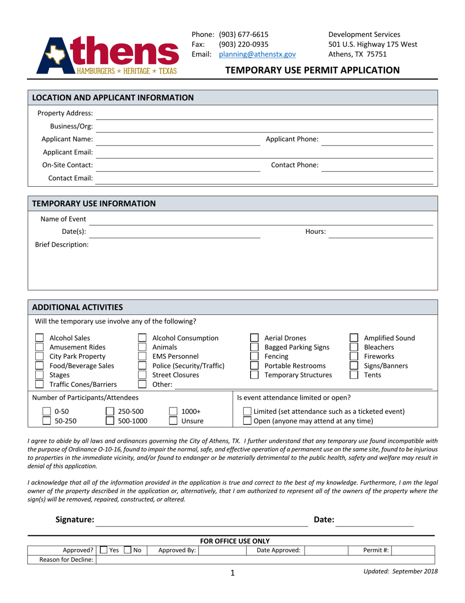 Temporary Use Permit Application - City of Athens, Texas, Page 1