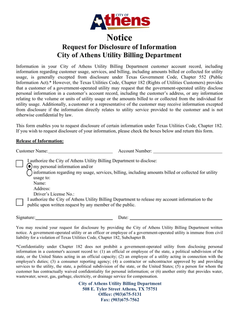 Request for Disclosure of Information - City of Athens, Texas Download Pdf