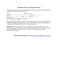 Document preview: Authorization Form for Court Reporter Directory - County of Fresno, California