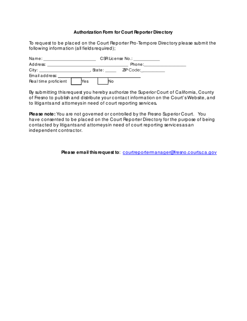 Authorization Form for Court Reporter Directory - County of Fresno, California Download Pdf