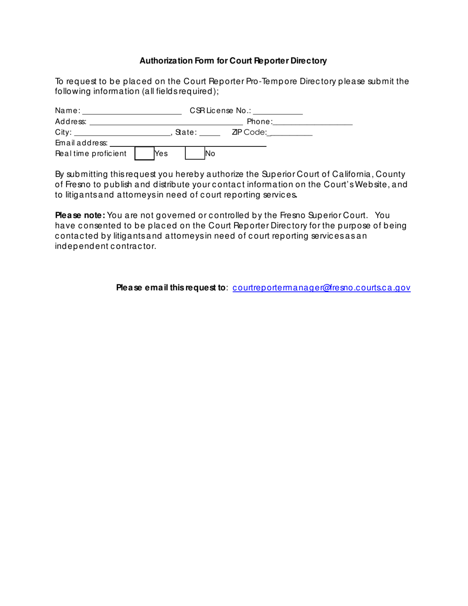County of Fresno California Authorization Form for Court Reporter
