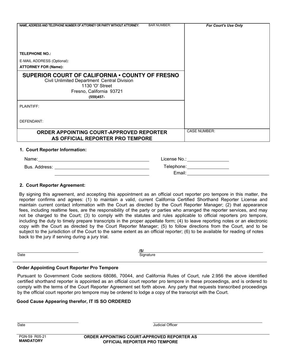 Form PGN-59 Order Appointing Court-Approved Reporter as Official Reporter Pro Tempore - County of Fresno, California, Page 1