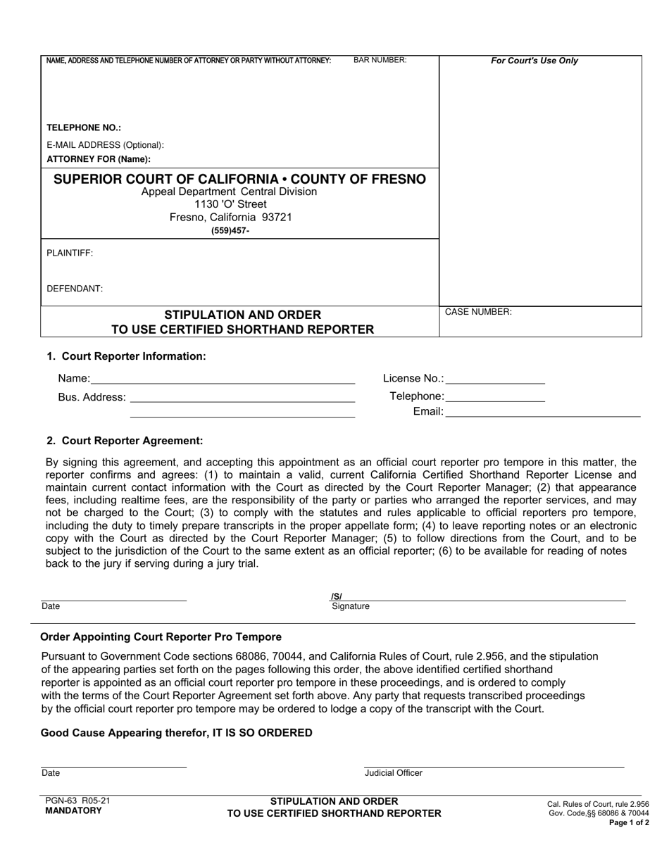 Form PGN-63 Stipulation and Order to Use Certified Shorthand Reporter - County of Fresno, California, Page 1