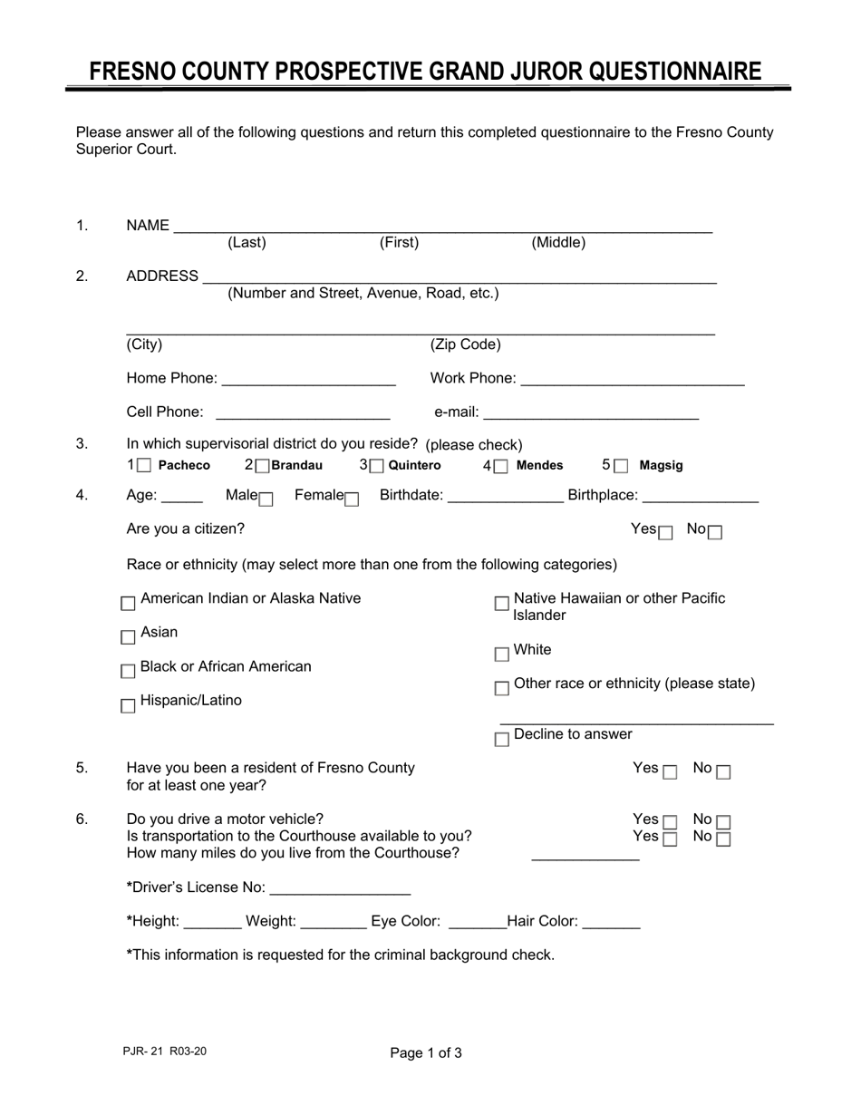 Form PJR-21 Prospective Grand Juror Questionnaire - County of Fresno, California, Page 1