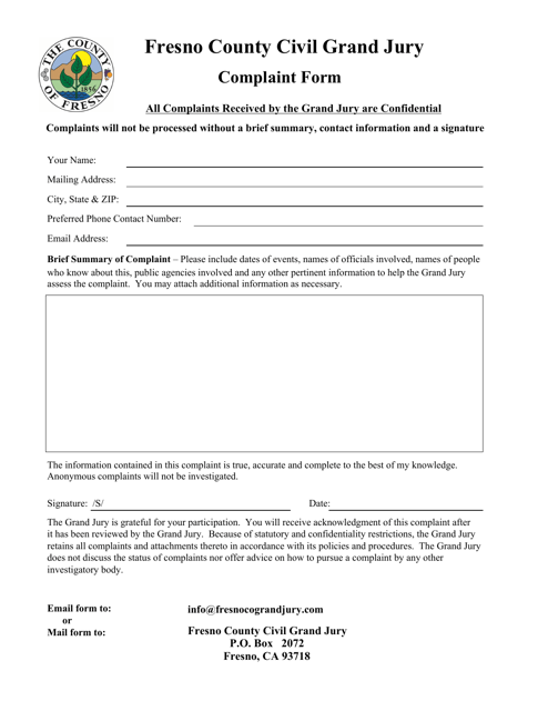 Grand Jury Complaint Form - County of Fresno, California Download Pdf