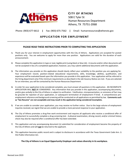 Application for Employment - City of Athens, Texas Download Pdf
