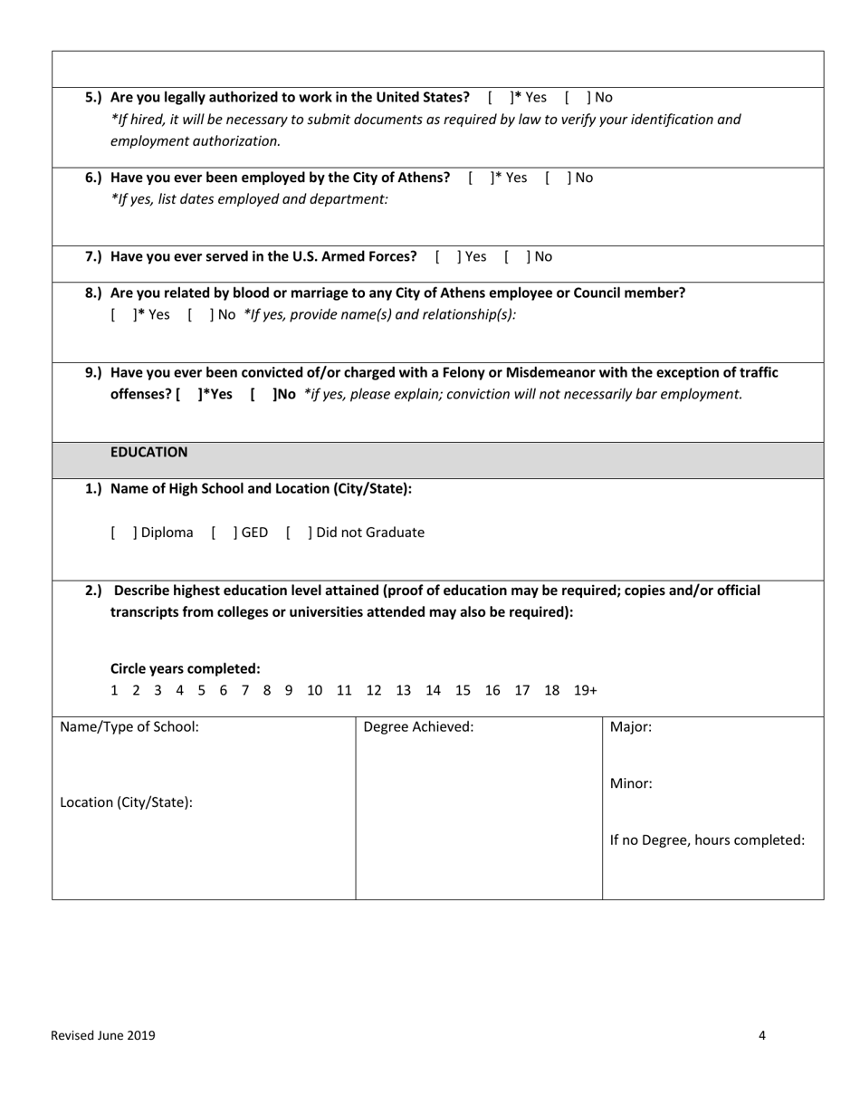 Application for Employment - City of Athens, Texas, Page 4