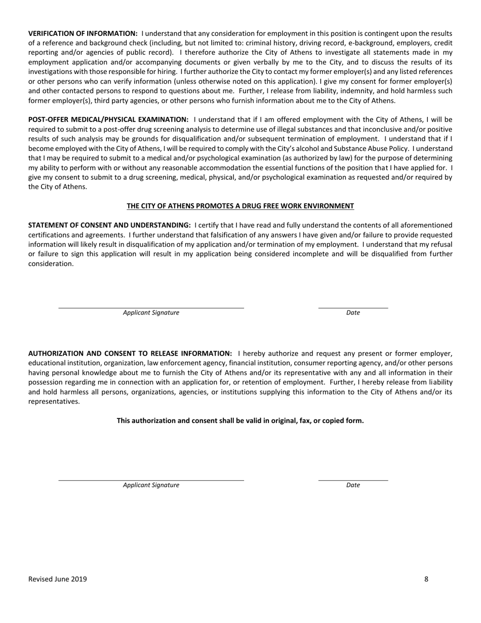Application for Employment - City of Athens, Texas, Page 8