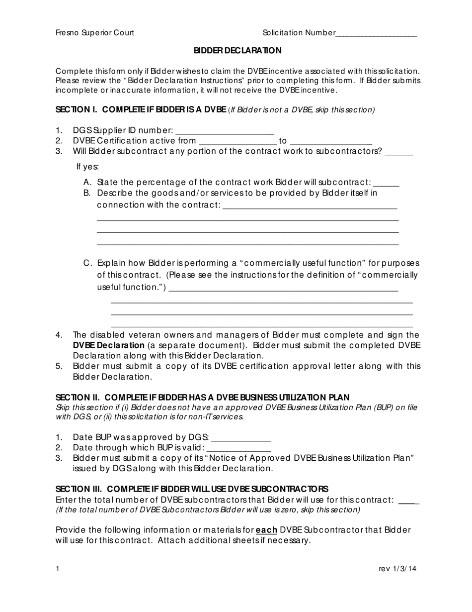 County of Fresno, California Dvbe Bidder Declaration - Fill Out, Sign ...