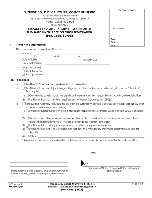 Form PJV-62 Response by District Attorney to Petition to Terminate Juvenile Sex Offender Registration - County of Fresno, California