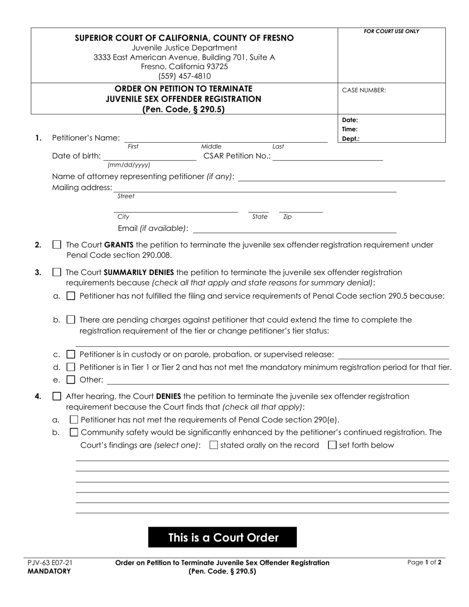 Form PJV-63 Order on Petition to Terminate Juvenile Sex Offender Registration - County of Fresno, California, Page 1