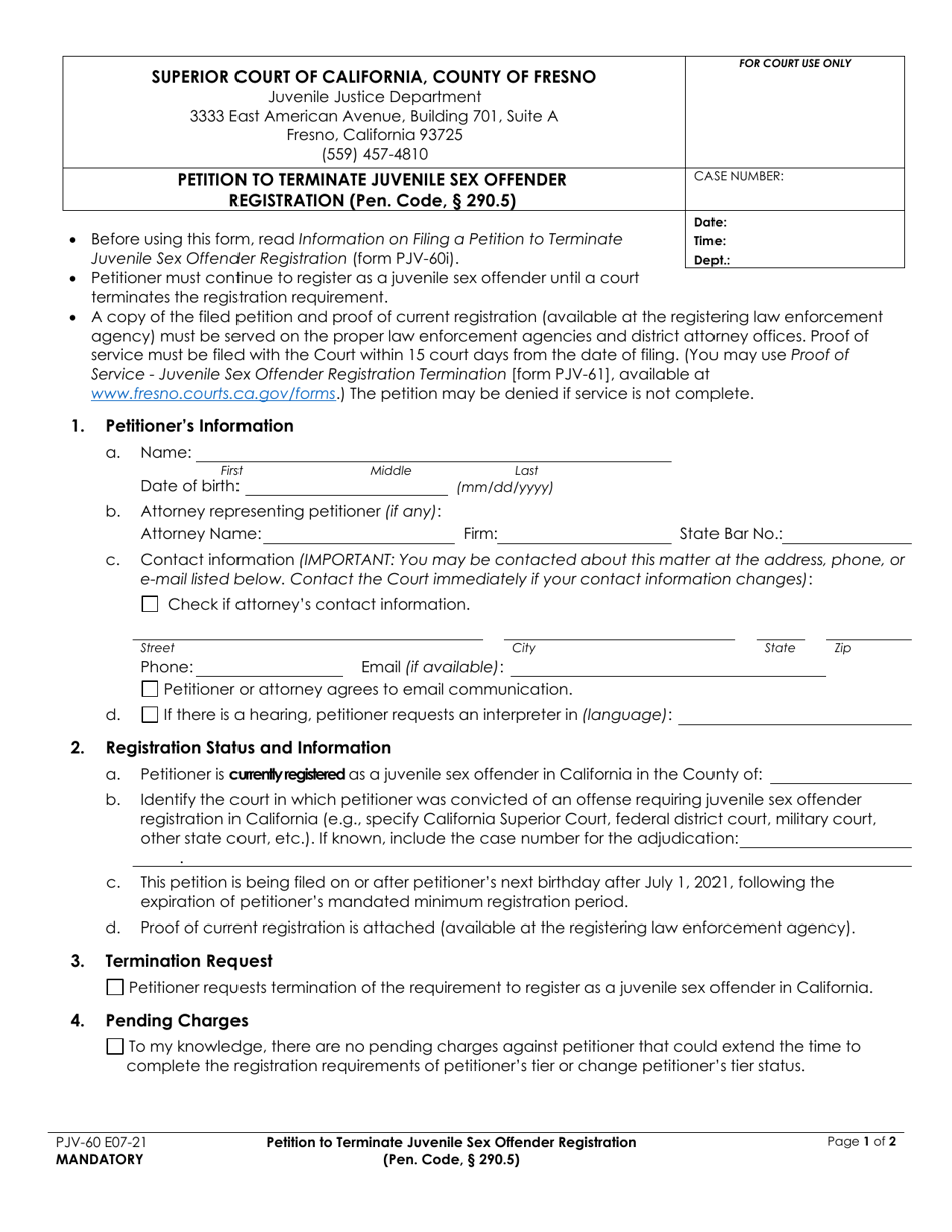 Form PJV-60 Petition to Terminate Juvenile Sex Offender Registration - County of Fresno, California, Page 1